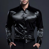HEARUJOY - Men's Solid Color Shiny Long-Sleeved Shirt Retro Fashion American Trend Street Loose Niche Party Performance Summer Men's Tops