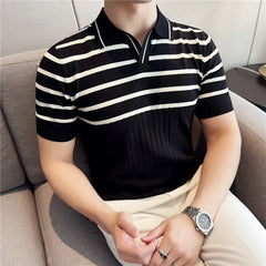 HEARUJOY - Men's Summer Ice Silk Slim Polo Shirt - Striped Knit Color-Blocked V-Neck Short Sleeve Top for Breathable Stylish Casual Wear