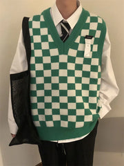 HEARUJOY - Waistcoat Plaid Green V Neck Sleeveless Knitted Sweaters for Men Black Man Clothes Vest Ugly Cotton Pull Oversize Sheap T Shirt