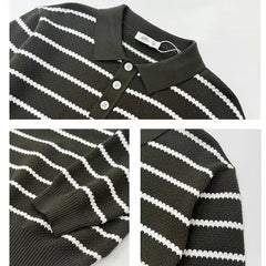HEARUJOY - Men's Button Polo Collar Business Stripe Pullover Sweaters Streetwear Fashion Loose Casual Vintage Knitted Sweater For Male Tops