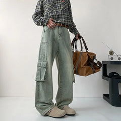 HEARUJOY - Black Baggy Jeans Men Retro Pocket Jeans Men Vintage Trousers Streetwear Hip-hop Loose Wide Leg Jeans Mens Denim Cargo Pants