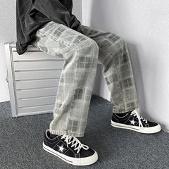 Hearujoy Plaid Jeans Denim Pants Men Korean Wide Leg Checked Trousers Male Distressed Streetwear Bottoms Harajuku Vintage