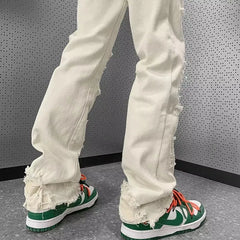 HEARUJOY - Spring and Autumn New White Pants Men's Design Sense American High Street Hip Hop Fake Piercing Jeans Micro Pull Pants