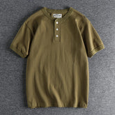 HEARUJOY - Tough Guy Style Heavyweight Wash Cotton Henry Neck Short Sleeve T-shirt Men's Summer Personalized Versatile Tops Tee Sold Color