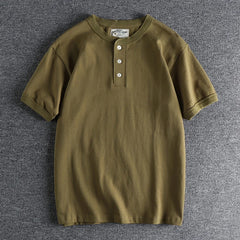 HEARUJOY - Tough Guy Style Heavyweight Wash Cotton Henry Neck Short Sleeve T-shirt Men's Summer Personalized Versatile Tops Tee Sold Color