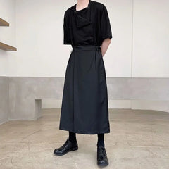 HEARUJOY - Mens Culottes Asymmetrical Double-Layer Casual Hakama Streetwear Fashion Outdoor Daily Youth Plain Wide-Leg Pants Men'S Clothing