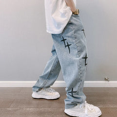 Hearujoy Prints Jeans Men New Streetwear Baggy Wide Leg Jeans Korean Fashion Drapes Straight Casual Loose Denim Cargo Pants