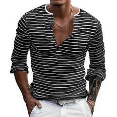 HEARUJOY - Men's Spring and Autumn Long Sleeve V-neck Button-down T-shirt Slim-fit Henley Shirt Horizontal Striped Top