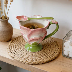 YICKYUE - Cute Style Lotus Design Firing Ceramic Goblet Milk Cup With Spoon Set Office Tableware Underglaze Colour Large Capacity 350ml
