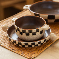YICKYUE - Vintage Style Chessboard Pattern Ceramics Double Ear Noodle Bowl Breakfast Bowl Fruit Salad Plate Soup Bowl Creativity Tableware