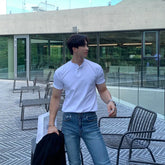 HEARUJOY - New Men Light Luxury Henry Collar T-Shirt Leisure Button-down Solid Color Short Sleeve Korean Style 2025 Summer Streetwear M-3XL