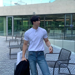 HEARUJOY - New Men Light Luxury Henry Collar T-Shirt Leisure Button-down Solid Color Short Sleeve Korean Style 2025 Summer Streetwear M-3XL