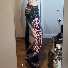 Hearujoy Y2K American Vintage Mottled Totem Print Baggy Jeans Women's High Waist Wide Leg Jeans Women's Harajuku Trendy Hip-hop Jeans