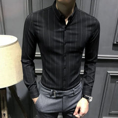 HEARUJOY - Trendy Handsome Men's Shirt Long Sleeve Non Iron New Casual Korean Vertical Stripe Slim Fit Black Business