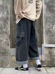 HEARUJOY - Baggy Jeans Men's Oversize Streetwear Fashion Wide Leg Cargo Pants Hip Hop Harajuku Multi-Pocket Denim Trousers Black Blue