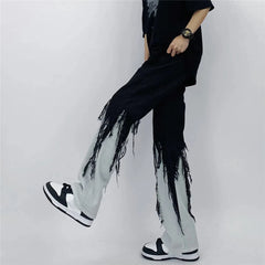 Hearujoy Men Jeans High Street Hip Hop Contrast Color Tassel Loose Fashion Japanese Streetwear Hippie Loose Casual Darkwear Patchwork