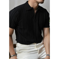 HEARUJOY - Summer Men Solid Zipper Knitted Polo Shirt Streetwear Fashion Male Clothes Lapel Slim Basic Business Casual Short Sleeve Tops