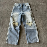 Hearujoy Jeans Y2K Trend Striped Rhinestones Embellished Ripped Denim Harajuku High Street Loose Streetwear Unisex Mopping Pants