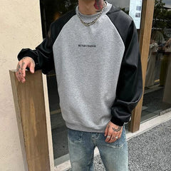 Hearujoy Mens Y2k Contrast Pu Leather Raglan Sleeves Sweatshirt Autumn And Winter Genderless Casual Loose Splicing Sweatshirt Unisex