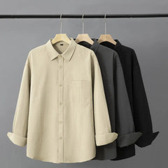 HEARUJOY - Mens Casual Waffle Shirts Long Sleeve Button Down Autumn Sold Color Loose Fit Shirts Jacket