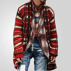 HEARUJOY - Men New Mid Length Coat Cardigan Sweaters Turn Down Collar Print Plaid Coats Loose Casual Splice Open Stitch Autumn Winter 2025