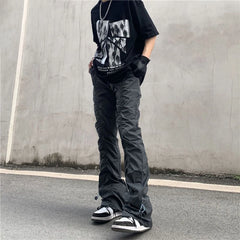 Hearujoy New Black Wrinkle Pants Man Harajuku Punk Men's Streetwear Hip Hop Fashion Clothing Casual Tactical Trousers Y2k Goth Flared
