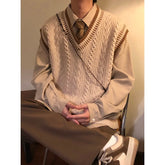 HEARUJOY - Preppy Style V Neck Knit Vest For Men Spring Autumn New Style Japanese Retro Sleeveless Sweater Vest Pullover Waistcoat Jacket