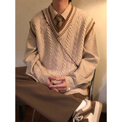 HEARUJOY - Preppy Style V Neck Knit Vest For Men Spring Autumn New Style Japanese Retro Sleeveless Sweater Vest Pullover Waistcoat Jacket