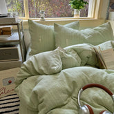 YICKYUE - 3/4Pcs Bedding Set Japanese-Style Minimalist Stripes Green Cotton Duvet Cover Set Linens Solid Color Bed Sheet Full-Size Home