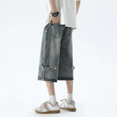 Hearujoy Korean Style Zipper Decor Men's Jeans Sixer Pants Summer Male Wide Leg Shorts 2024 Washed Fashion Loose Casual Denim Trousers