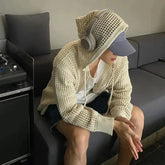 Hearujoy Vintage Knit Mesh Coat for Men Hole Hooded Cardigan Long Sleeve Tee Male Casual Autumn Japanese Streetwear Hip Hop
