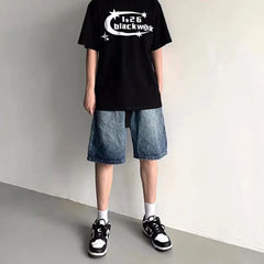 Hearujoy Mens Y2k Sports Casual Jeans Spring Summer New Genderless Fashion Loose Streetwear Solid Color short jeans with Belt Unisex