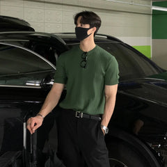 HEARUJOY - Men's Clothing Luxury Knitted T Shirt Casual Korean O Neck Solid Color Short Sleeve Tees for Men Breathable Summer Knitwear