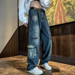Hearujoy New Streetwear Patchwork Jeans Cargo Pants Loose Plus Size Wide Leg Pants Harajuku Casual Denim Pants Men Clothing Y2K