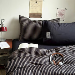 YICKYUE - Simple Striped Bedding Set Washable Cotton Dark Gray Quilt Cover With Pillowcases Bed Sheet Set Skin-Friendly Soft Single Twin