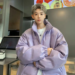 Hearujoy Purple PU Leather Down Cotton Jacket for Men's Winter New Japanese Retro Thick Stand Up Collar Coat Oversized Loose Bread Jacket
