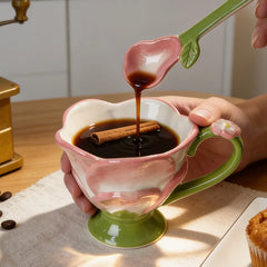 YICKYUE - Cute Style Lotus Design Firing Ceramic Goblet Milk Cup With Spoon Set Office Tableware Underglaze Colour Large Capacity 350ml