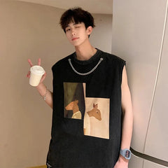 Hearujoy Black Undershirt Men's Summer Loose Design Large Size Sleeveless T-shirt Tide Netflix Sports Fitness Sweatshirt Deer Sports