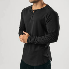 HEARUJOY - Fashion New T-Shirt Mens Elastic Henley Grandad Long Sleeve Pullovers Slim Fit Solid Color Undershirt V Neck Tops