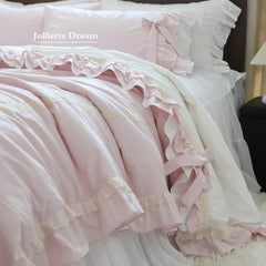 YICKYUE - Romantic Ruffle Bedding Set, Lace Trim & Bow Detail Pink 4-Pc Cotton Sheet Set, Bedding for Girls Room,Princess Duvet Cover