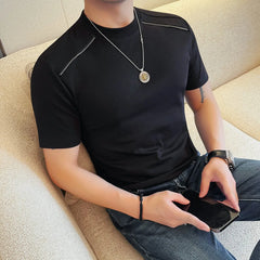 HEARUJOY - Men's Summer 65% Cotton Zipper-Shoulder Tee | Slim Fit Round Neck Short Sleeve Shirt in Black/White