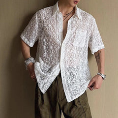 HEARUJOY - Mens Shirt Lace See-Through Transparent Geometric Shirt Summer Beach Vacation Hawaiian Slim Short Sleeve Top Men'S Clothing