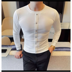 HEARUJOY - Men's New Fashion Minimalist Slim Fit Crew Neck T-shirt Unique Button Panel Design Stylish Basic Layering Top