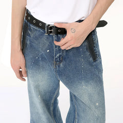 Hearujoy Mens Retro Washed Blue Casual Jeans Niche Design Personality Graffiti Jeans Youthful Fashion Chic Straight Trouser Summer