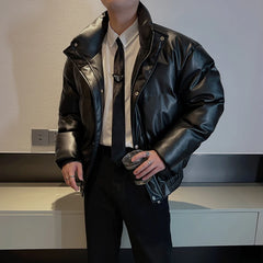 Hearujoy Winter Leather Jacket Men Oversize Stand Collar Casual Puffer Parka Thicken Keep Warm Bomber Jacket Hiphop Overcoat Men Clothing