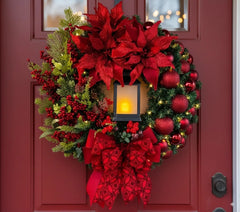 YICKYUE - 30cm Christmas Wreath With Lantern, Front Door Garland With Large Bow Seasonal Ornament Christmas Decoration For Front Door Wall