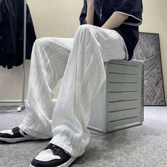 Hearujoy Summer Korean Fashion Simple Ice Silk Wide Leg Pants Men Solid Elastic Waist Pockets Thin High Street Loose Straight Trousers