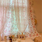 YICKYUE - French Idyllic Double-layer Ruffle Side Lace Flowers Curtains Living Room Polyester Cotton Pink Curtain Cloth Kitchen #A369