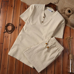 HEARUJOY - 5XL Summer Loose-fit Vintage Casual Cotton Linen Suit For Men Chinese Style Long Sleeve T-shirt Shorts Two-piece Set
