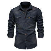 HEARUJOY - Shirts Tops Men Shirt Slim Fit Solid Turn Down Collar Full Sleeve Single Breasted Simple Button Casual Splice Regular Top